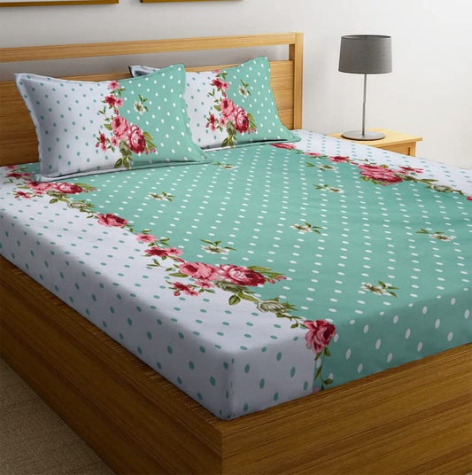 Super Soft Glace Cotton All Round Elastic Fitted Double Bed Bedsheet with 2 Pillow Covers-72x78x8