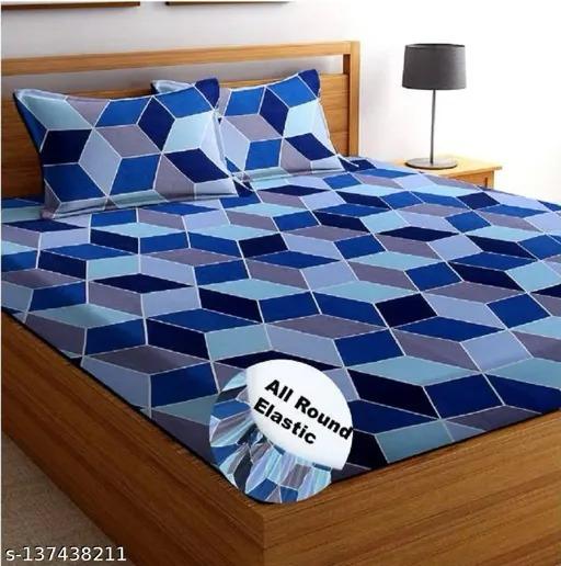 Super Soft Glace Cotton All Round Elastic Fitted Double Bed Bedsheet with 2 Pillow Covers-72x78x8
