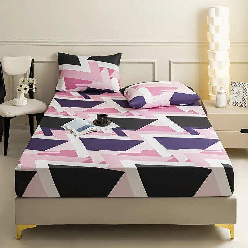 Soft & Hypoallergenic Geometric Print Bedding Set - Includes 1 Fitted Sheet and 2 Pillowcases, Breathable Polyester, Perfect for All Seasons - Ideal for Bedroom, Guest Room, or Dorm, Bed Accessories