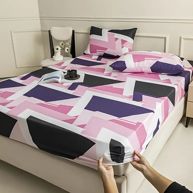 Soft & Hypoallergenic Geometric Print Bedding Set - Includes 1 Fitted Sheet and 2 Pillowcases, Breathable Polyester, Perfect for All Seasons - Ideal for Bedroom, Guest Room, or Dorm, Bed Accessories