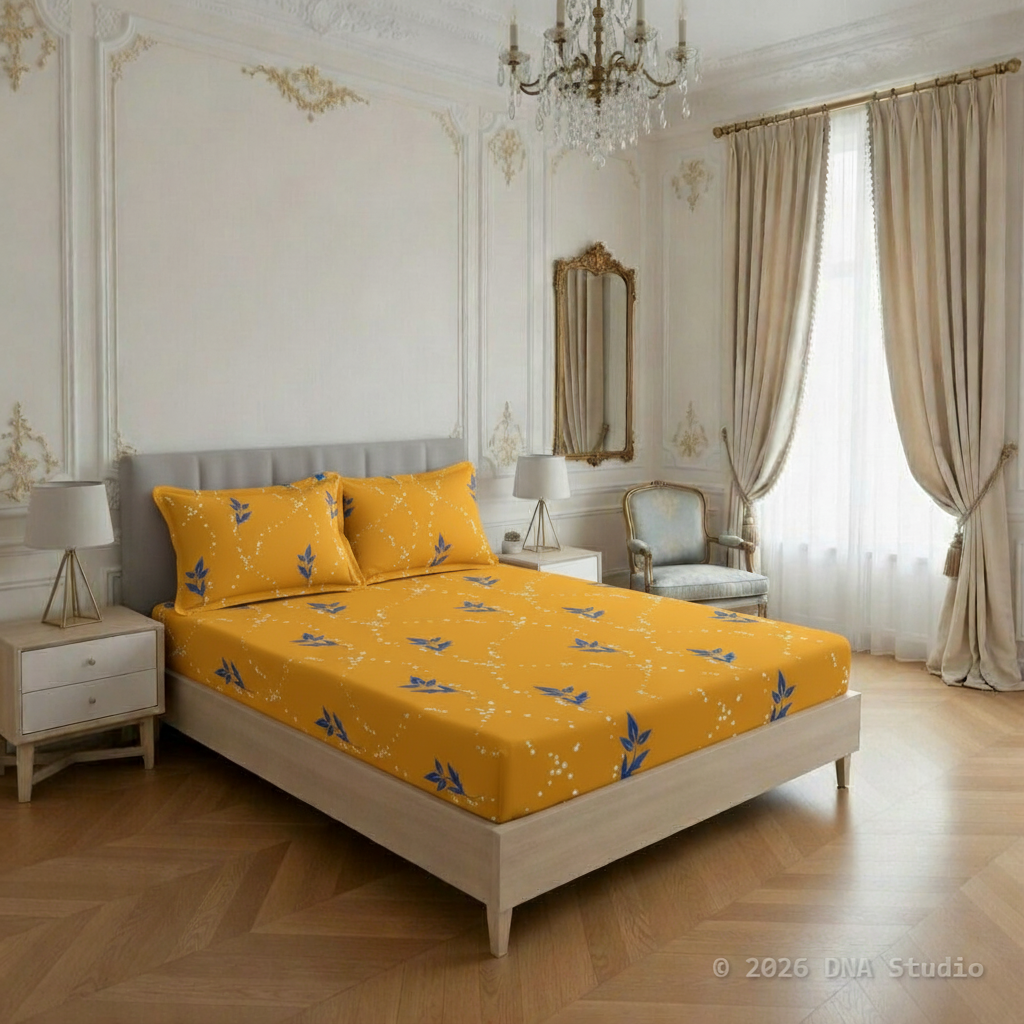 Yellow floral bedspread on a bed in a stylish bedroom with a chandelier and mirror.