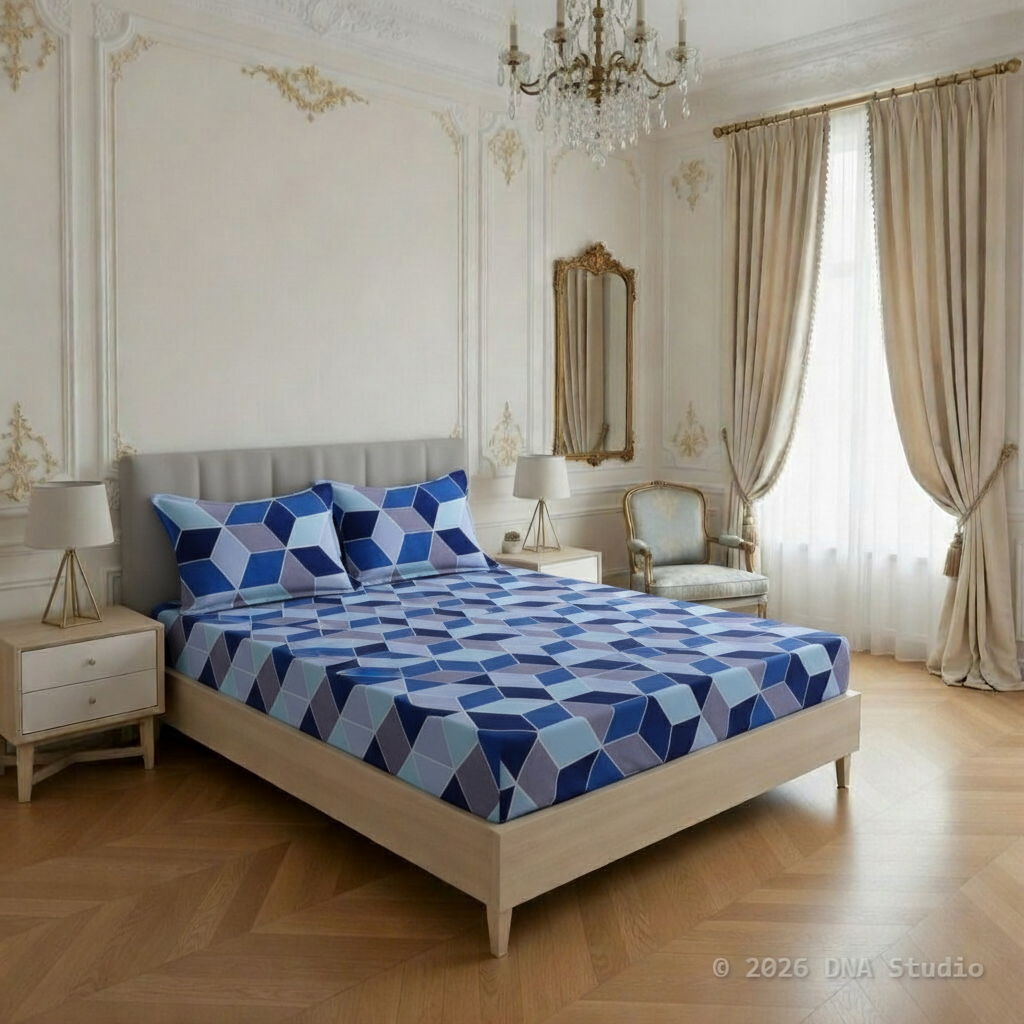 Neatly made bed with blue geometric pattern in a stylish bedroom.