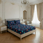 Bed with colorful bedding in a decorated bedroom