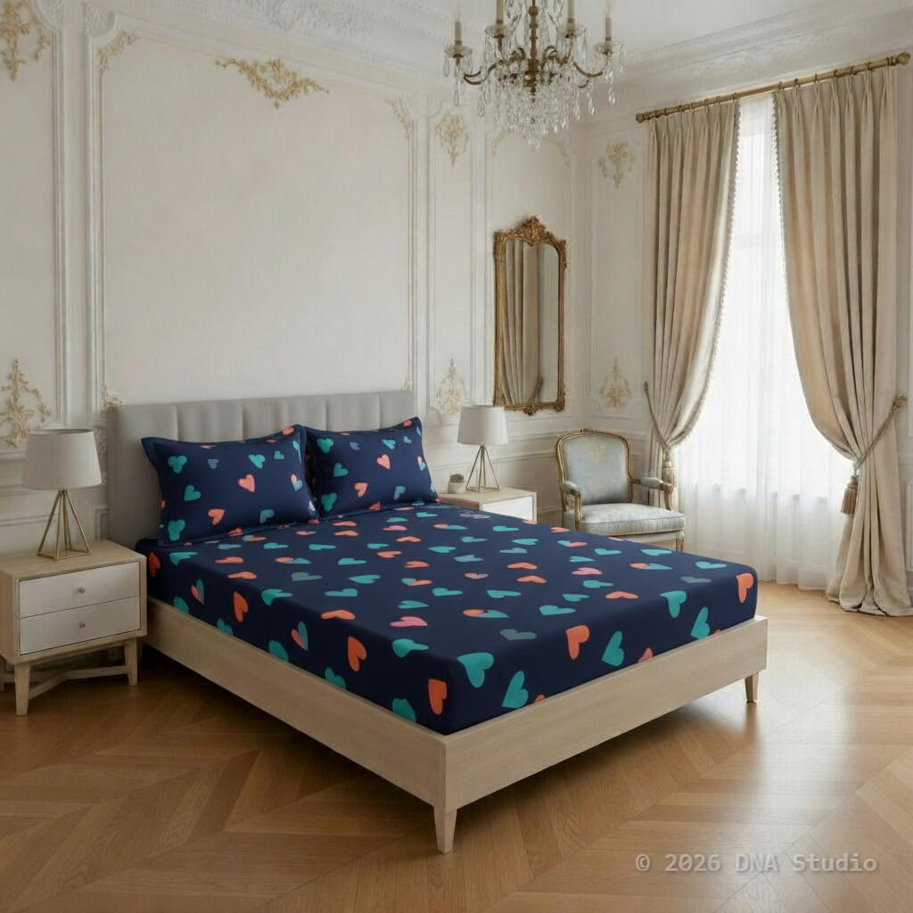 Bed with colorful bedding in a decorated bedroom