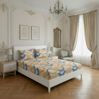 Decorative bedroom with a bed featuring a colorful pattern, nightstands, and a chandelier.