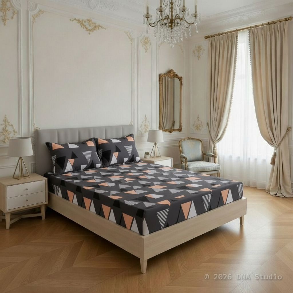 Neatly made bed with geometric patterned bedding in a stylish bedroom.
