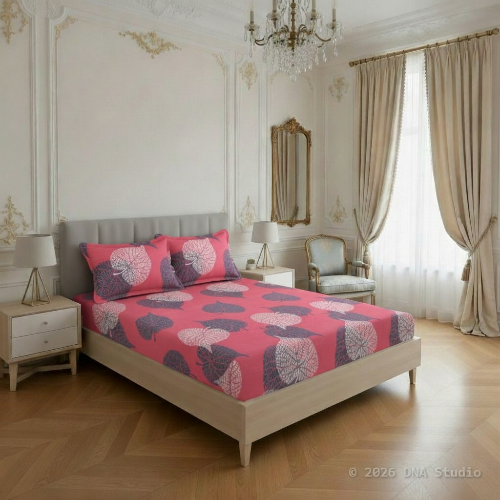 Bedroom with a bed featuring pink and purple floral bedding, nightstands, and a chandelier.