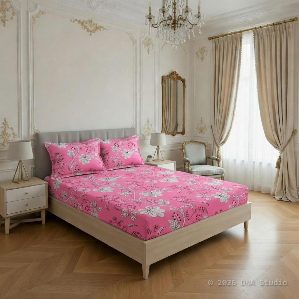 Bedroom with pink floral bedding and decorative elements