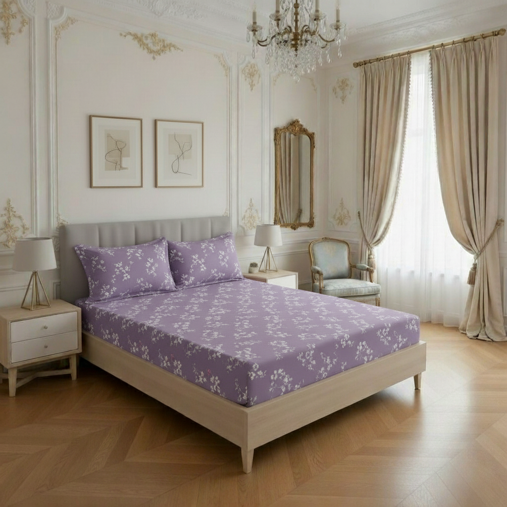 Neatly made bed with purple floral bedding in a stylish bedroom.