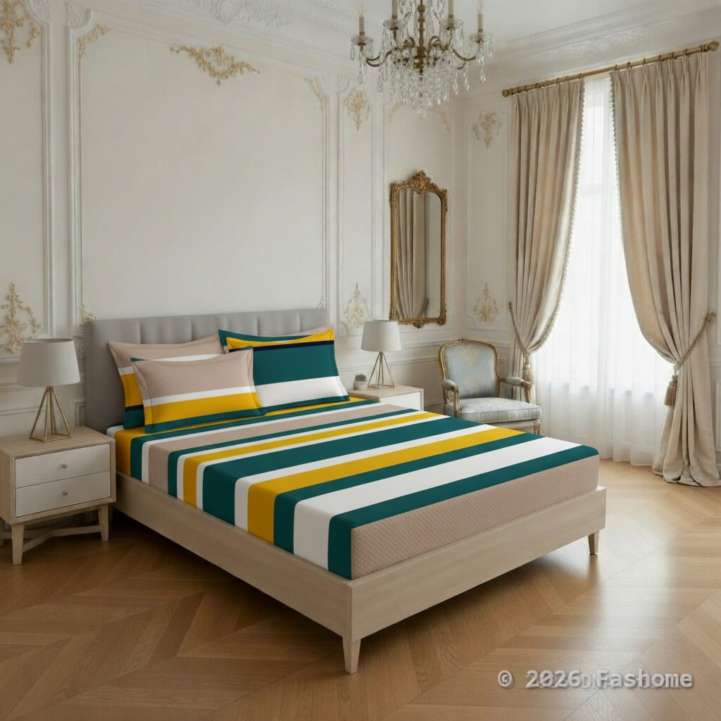 Neatly made bed with striped bedding in a stylish bedroom.