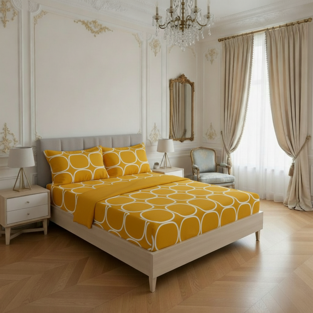 Bedroom with yellow patterned bedding and beige decor