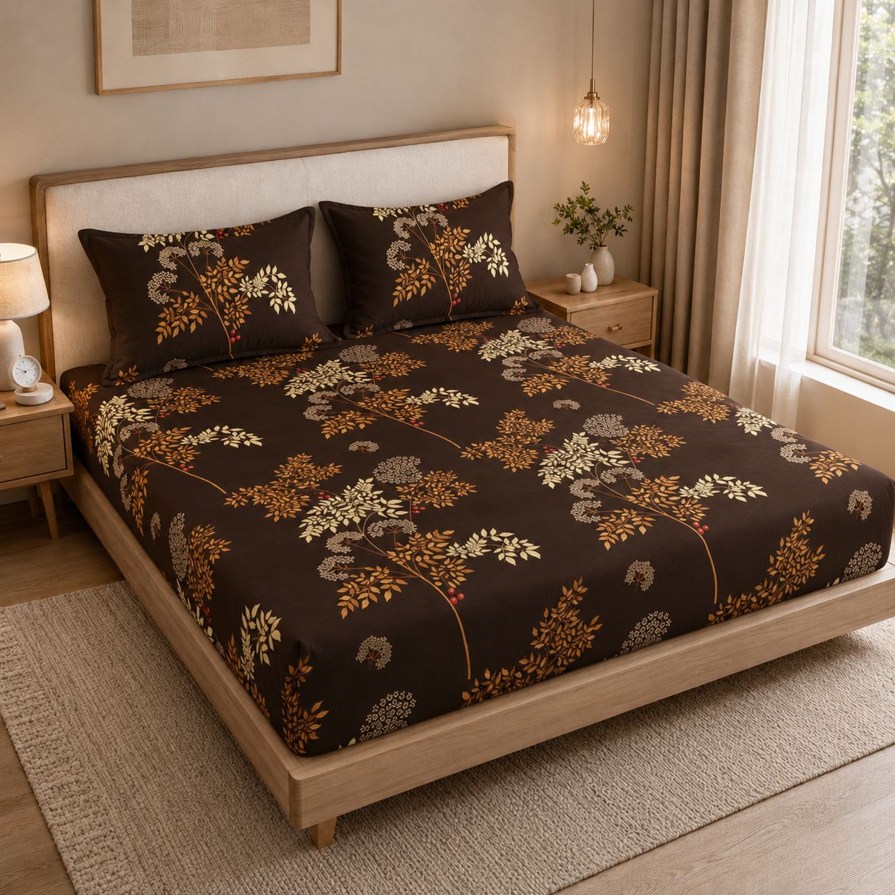 A bed dressed in a dark brown floral bedding set with matching pillowcases, styled in a warm, modern bedroom with a light wood bed frame, bedside tables, and a window.
