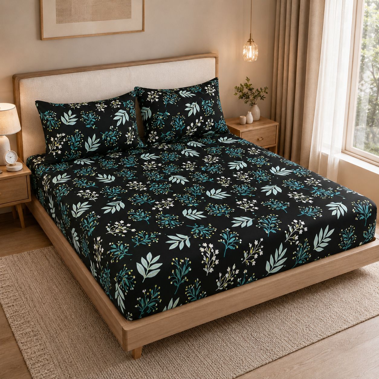 A bed dressed in a black bedding set with a teal and white botanical leaf pattern, styled in a warm, modern bedroom with a wooden headboard, bedside tables, and a window.