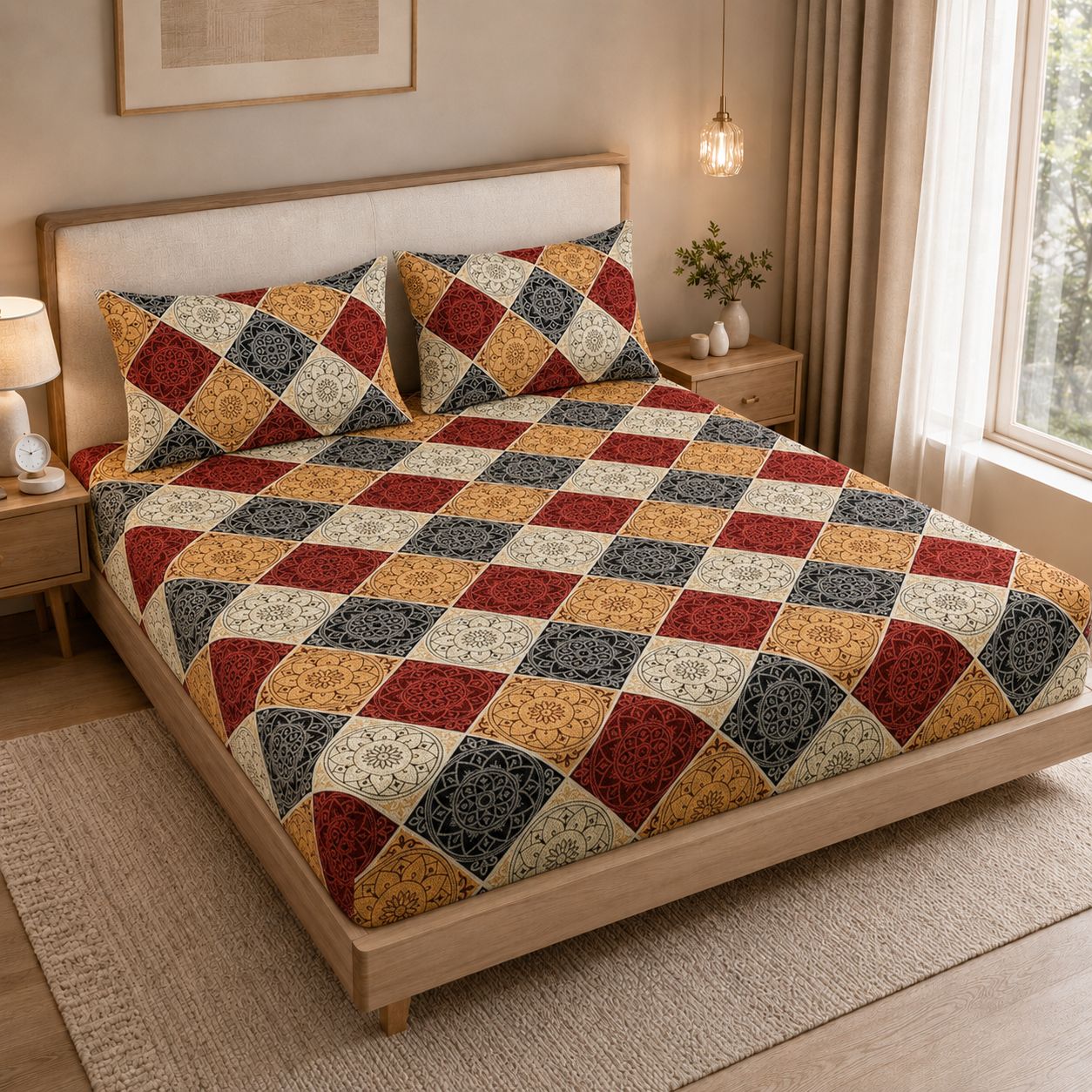 A bed dressed in a patchwork quilted bedspread and matching pillow shams, styled in a warm, modern bedroom setting with wooden furniture, bedside tables, and warm lighting.