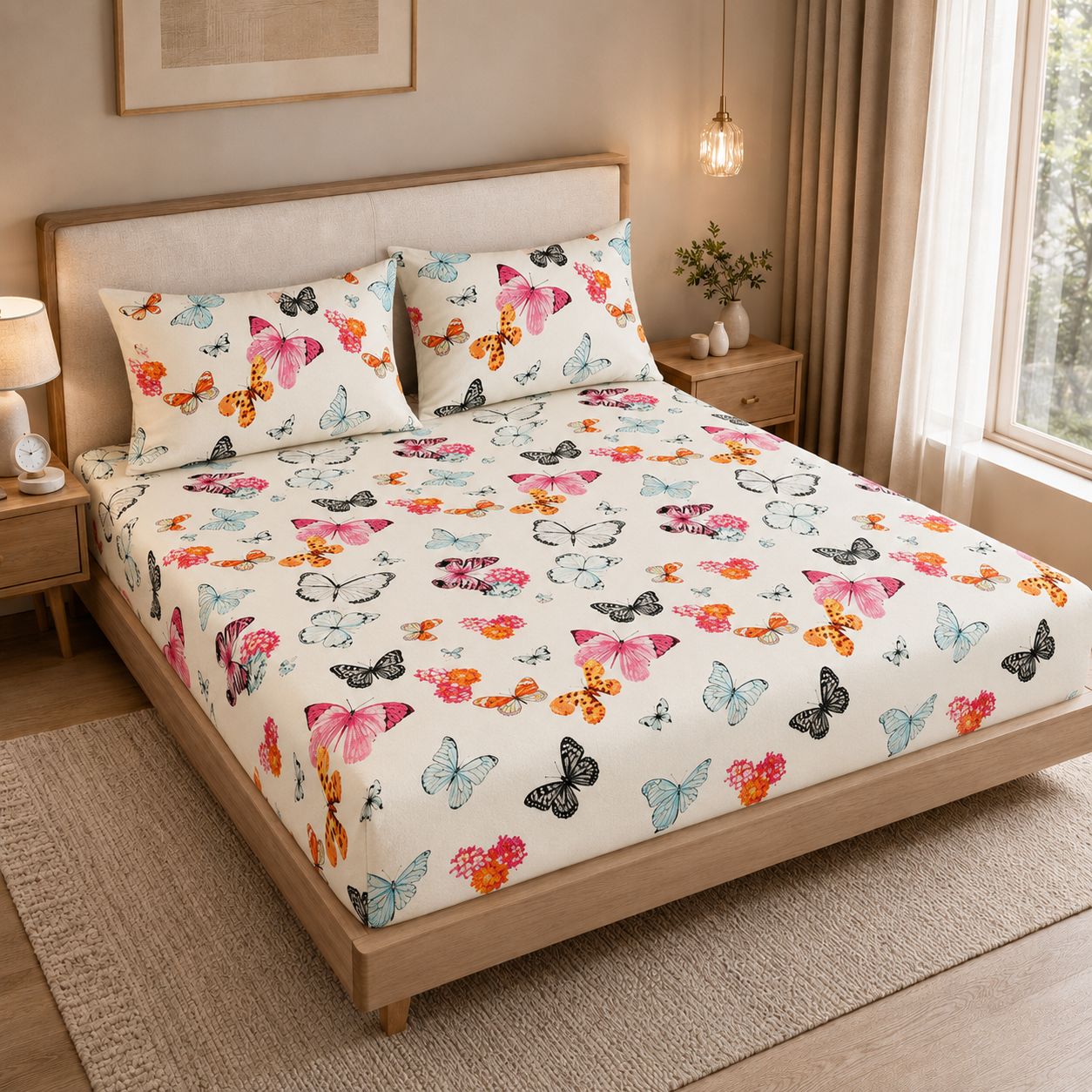 A bed dressed in a cream-colored sheet set with a vibrant multicolor butterfly print, styled in a warm, modern bedroom setting with wooden furniture and natural light.