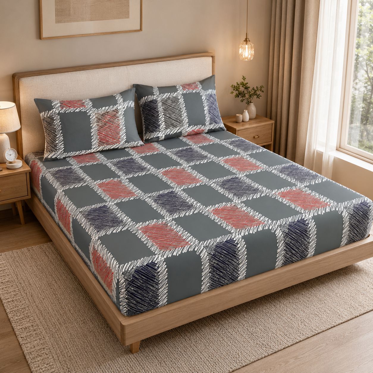 A bed dressed in a patterned sheet set with matching pillowcases, shown in a styled bedroom. The bedding features a geometric patchwork design with gray, dusty pink, and navy blue blocks outlined in white.