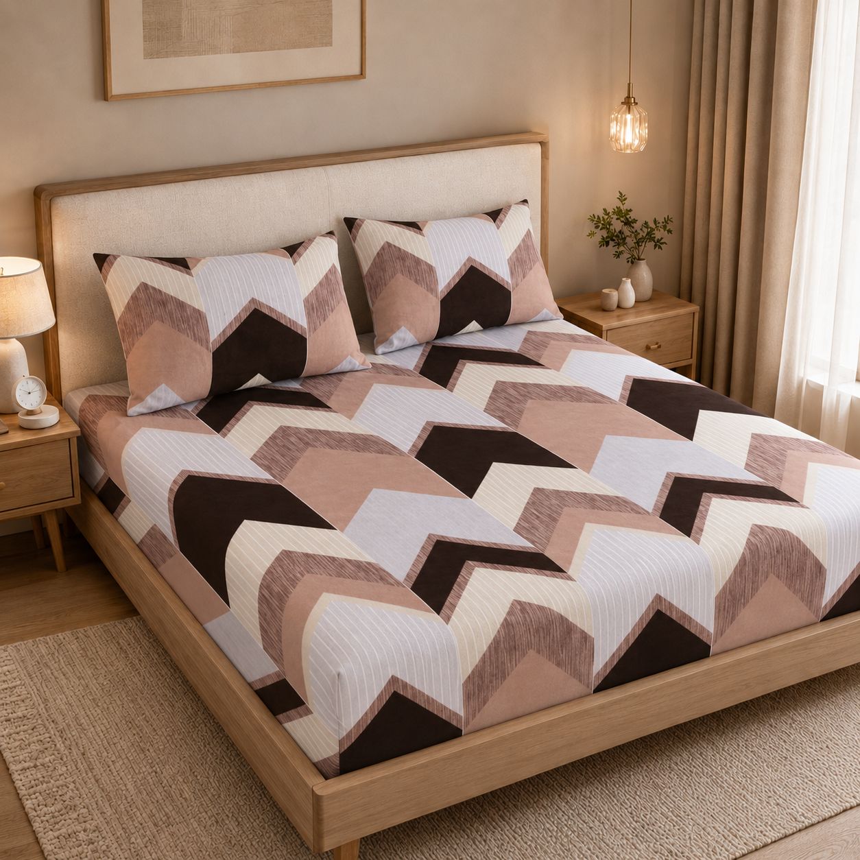 A bed dressed in a geometric patterned bedding set with matching pillowcases, shown in a warm, modern bedroom setting with wooden furniture and neutral decor.