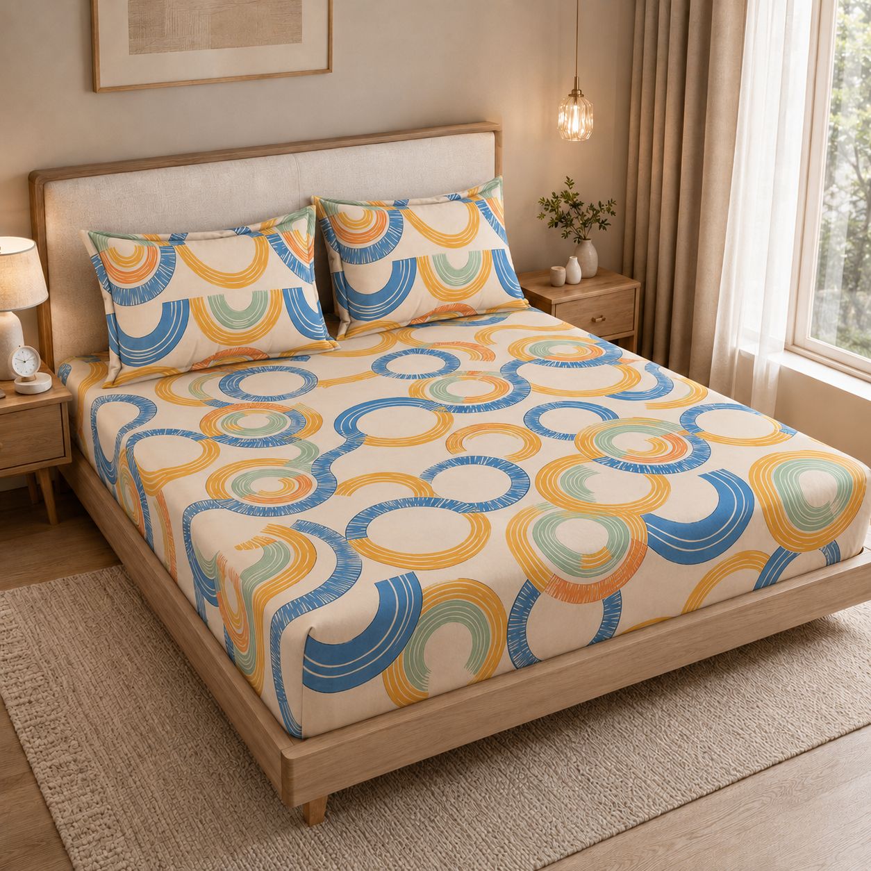 A neatly made bed in a modern bedroom setting, featuring a cream-colored bedding set with a bold, colorful retro circular pattern in blue, yellow, and orange. The bed is supported by a light wood frame and is flanked by matching bedside tables, lamps, and a window with sheer curtains.