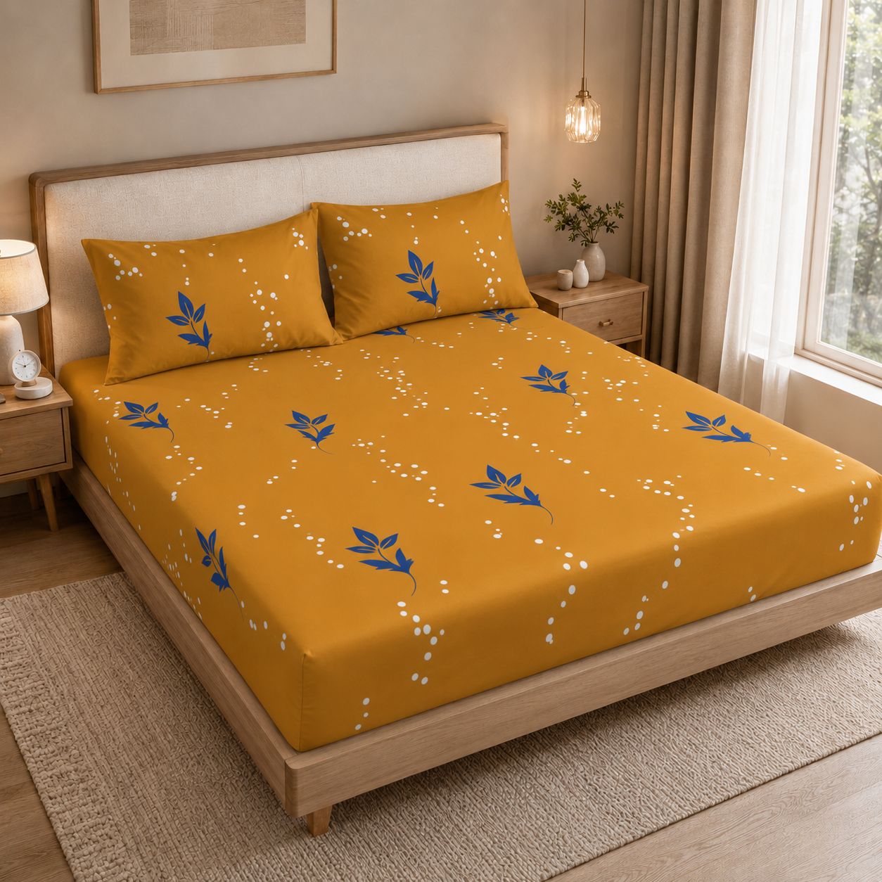 A mustard yellow bedding set with a blue leaf and white dotted vine pattern, shown on a bed in a modern, warm-toned bedroom.