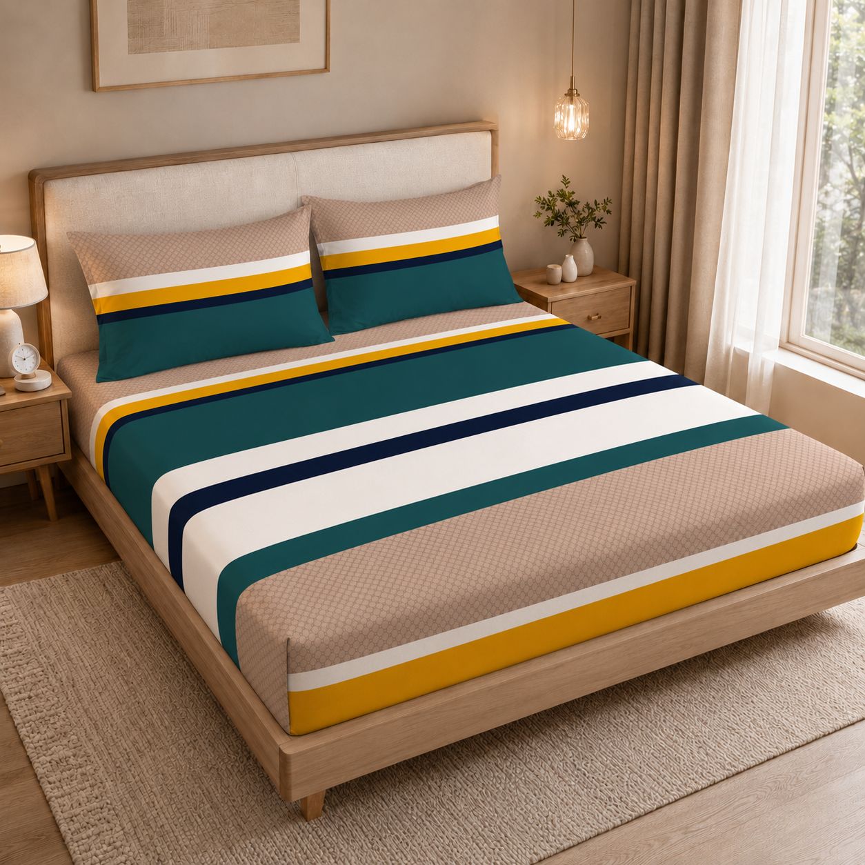 A neatly made bed in a warm-toned bedroom, featuring a striped bedding set with beige, teal, white, and yellow bands. The bed has a light wood frame, matching pillows, and is styled with bedside tables, lamps, and a window with curtains.