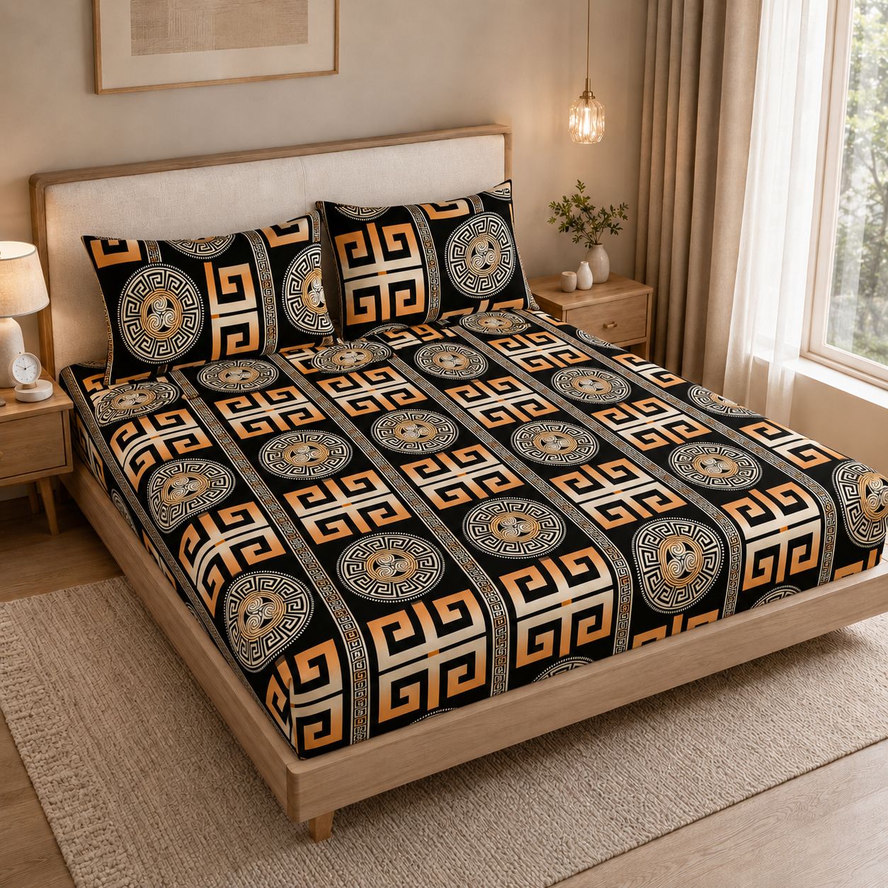 A bed dressed in a black bedding set with a bold geometric and medallion pattern in beige, white, and orange, styled in a warm, modern bedroom setting.