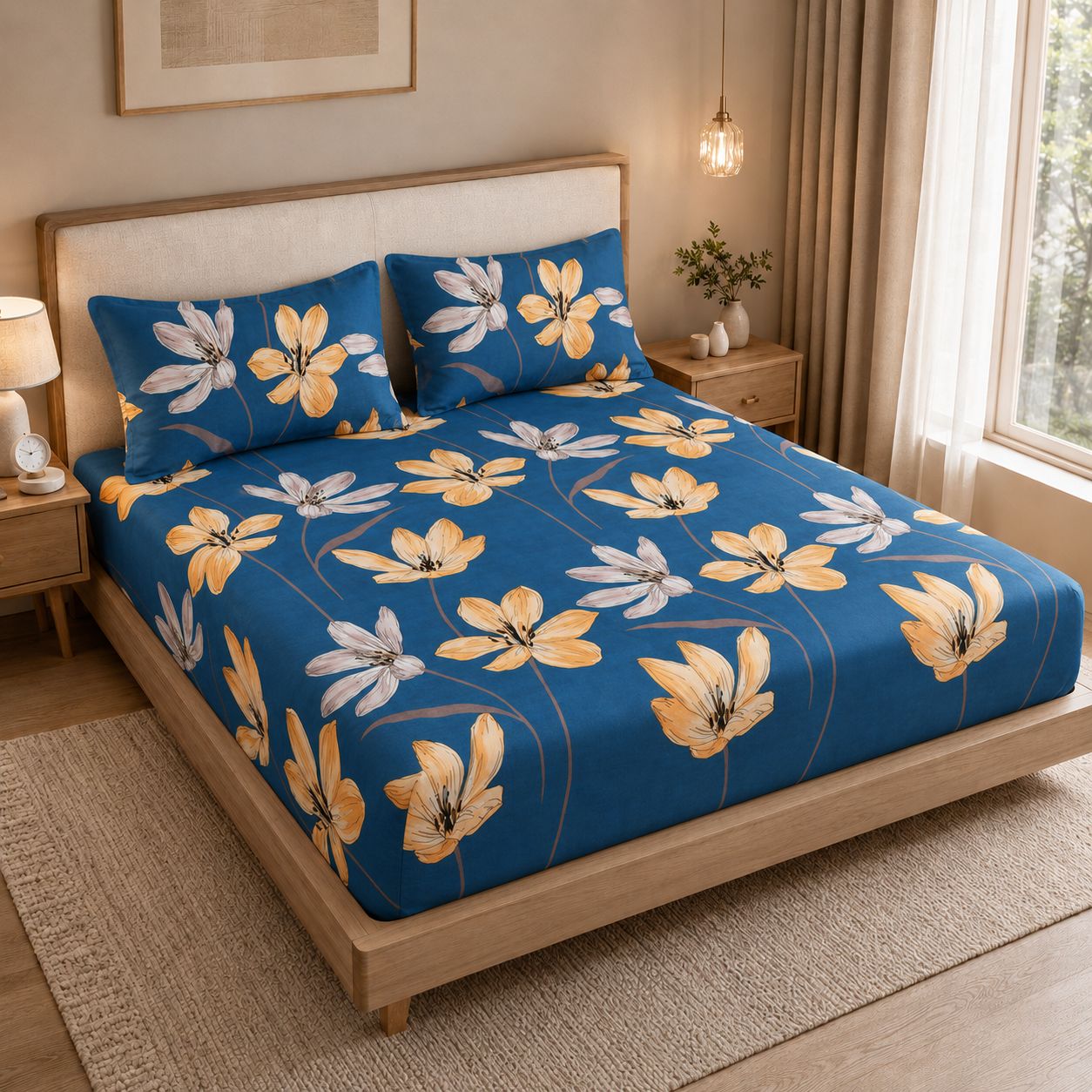 A bed dressed in a blue floral bedding set with matching pillowcases, styled in a warm, modern bedroom with wood furniture, bedside tables, and a window.