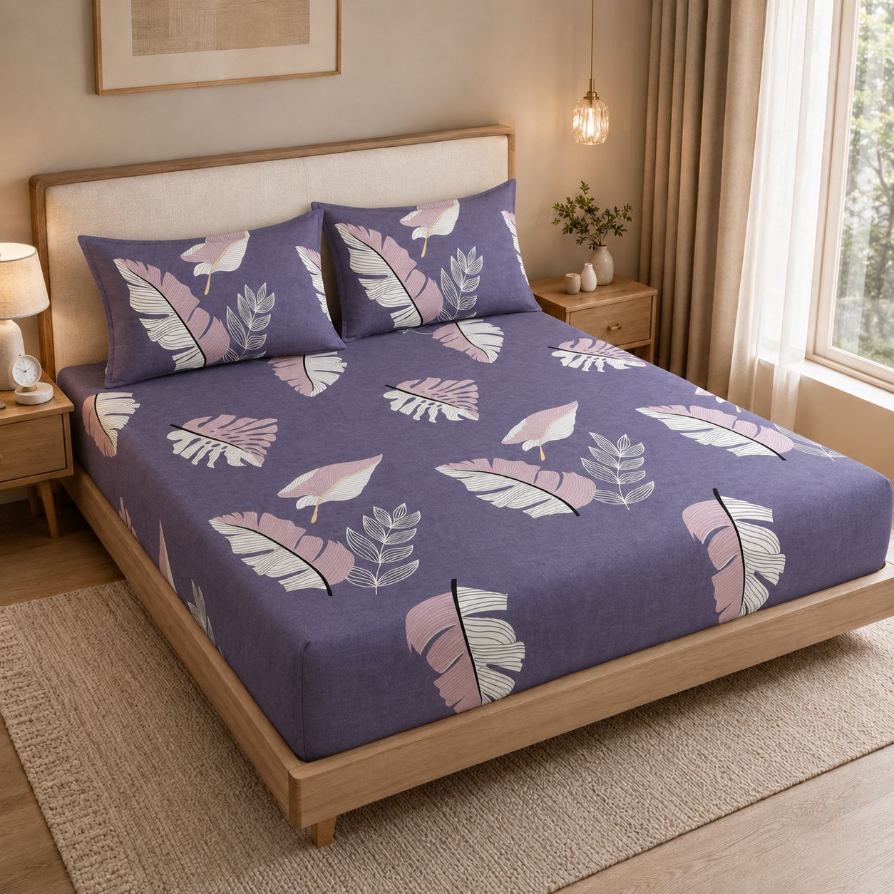 A bed dressed in a purple sheet set with matching pillowcases, featuring a large-scale pattern of pink, white, and gray tropical leaves. The bed is styled in a warm, modern bedroom with a light wood frame, beige walls, and natural light from a window.