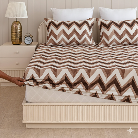 White -Grey -Black Cotton Elastic 160 TC King Bedsheet with 2 Pillow Covers