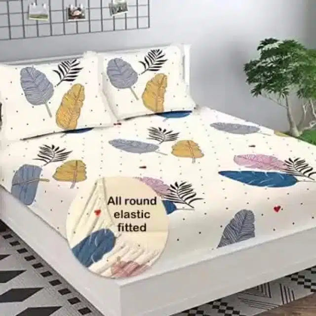 Cotton Floral King Size Elastic Fitted Bedsheet (Cream, 90x100 inches)