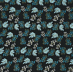 Floral pattern with blue and white leaves on a black background