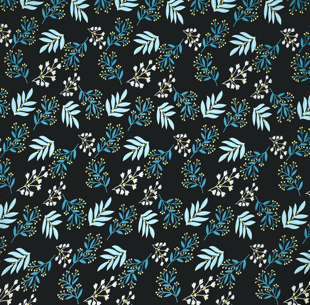 Floral pattern with blue and white leaves on a black background