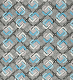Patterned fabric with geometric design in gray, blue, and white.