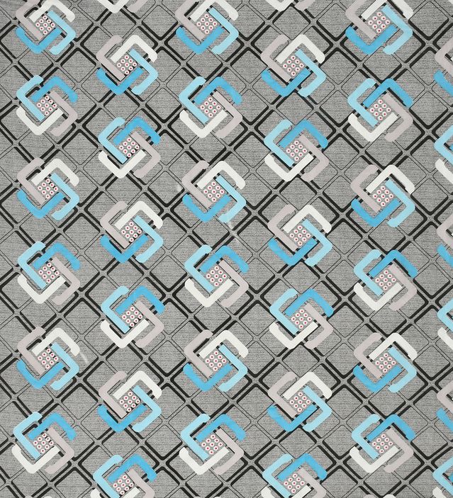 Patterned fabric with geometric design in gray, blue, and white.